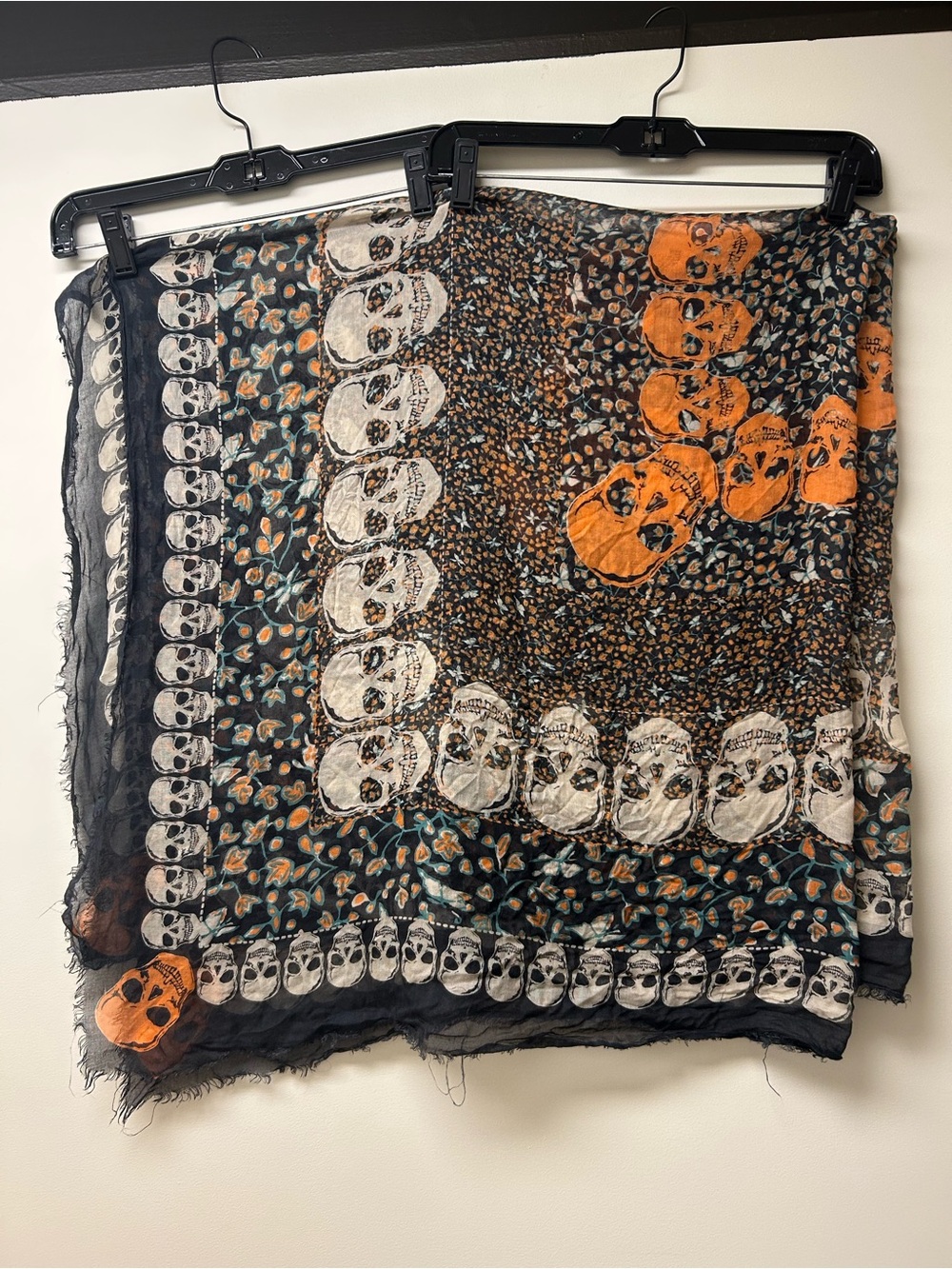 Zadig & Voltaire Black Scarf with White and Orange Skull Print